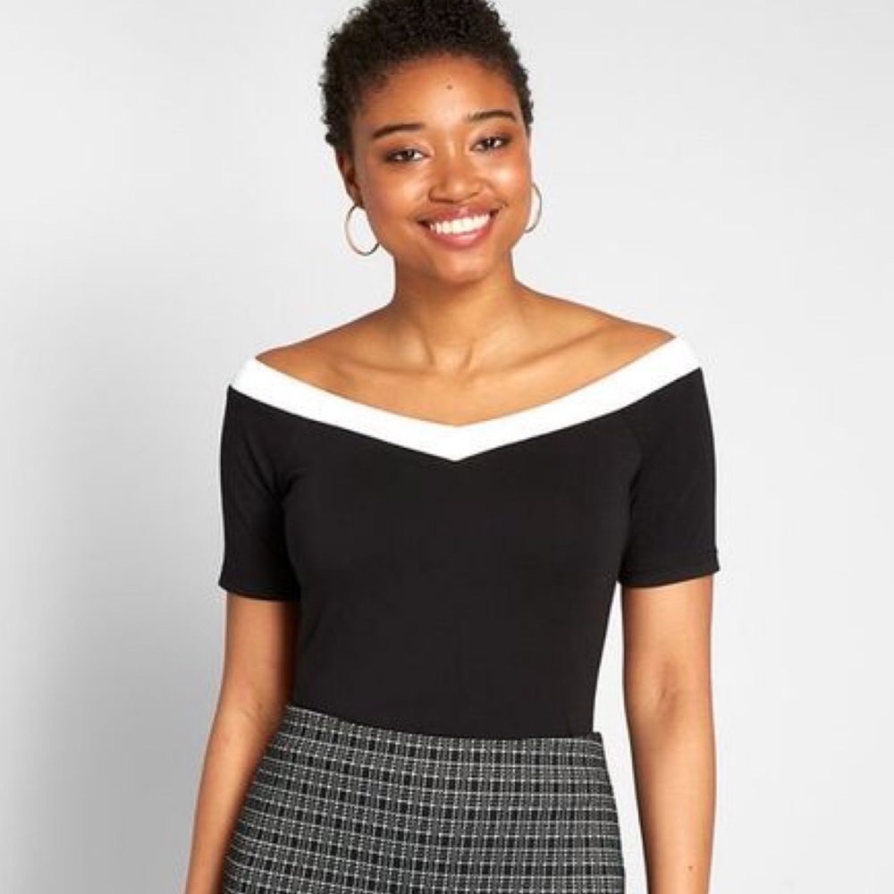 ModCloth Off Shoulder Bardot Top - Black with White